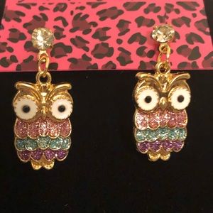 Betsey Johnson Crystal Owl Dangle Earrings